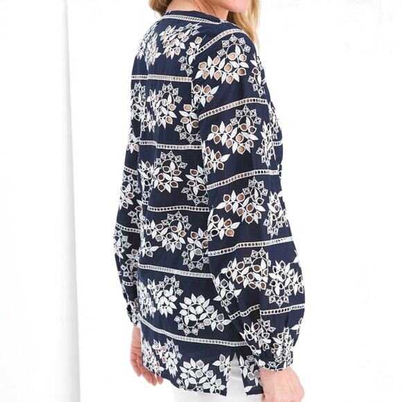 Chico’s Floral Embroidered Eyelet Tunic Top Womens Sz L Pullover Balloon Sleeves - Picture 3 of 13